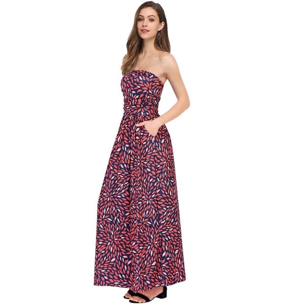 ❤️ CLEARLOVE Women Strapless Casual Loose Ruched Maxi Dress with Pockets Size S - Picture 2 of 6